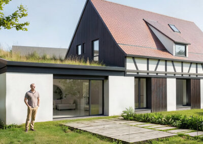 Vue depuis le jardin de la réhabilitation d'une ferme alsacienne en maison