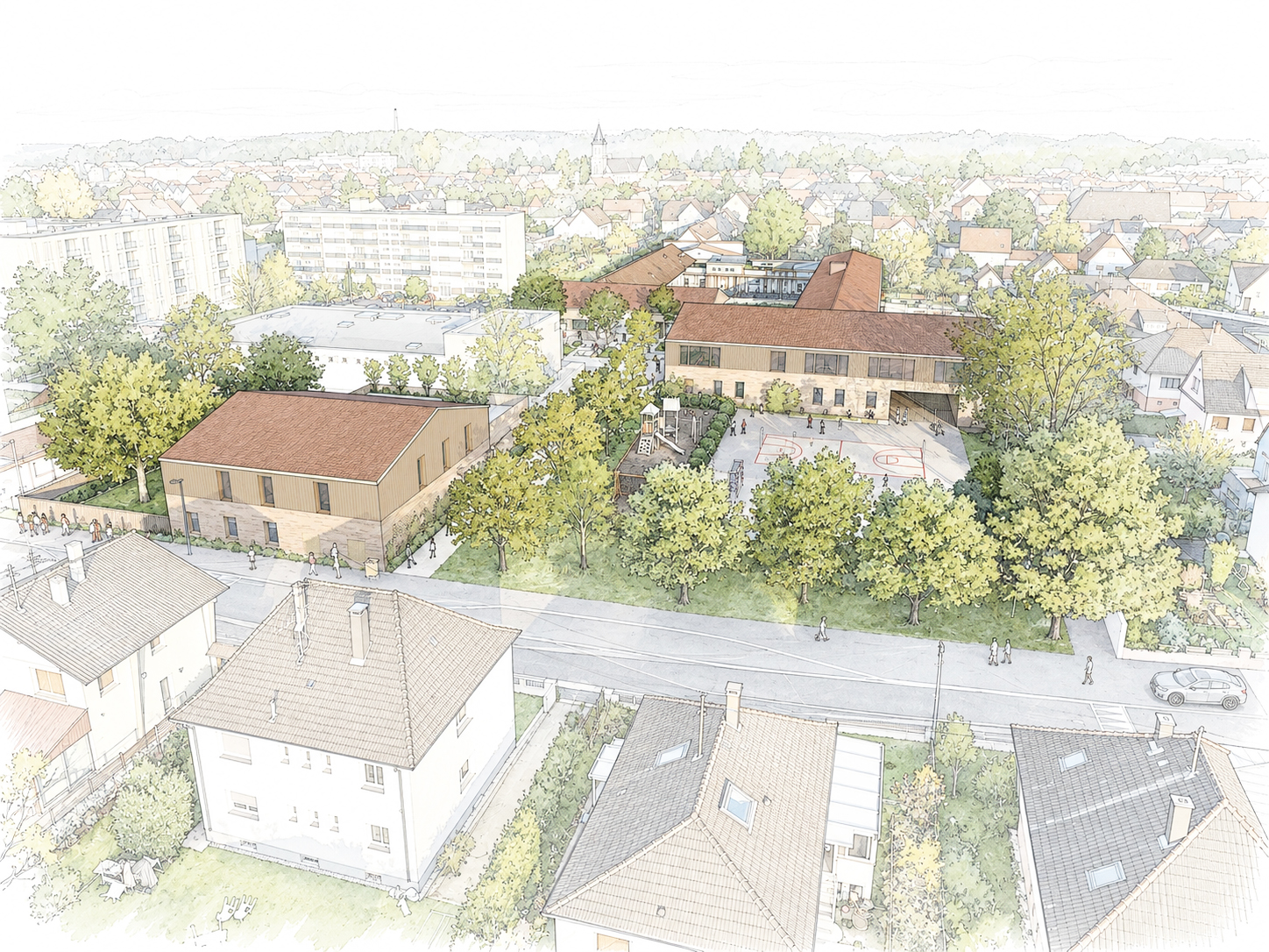 Vue aérienne aquarellée d’un quartier scolaire